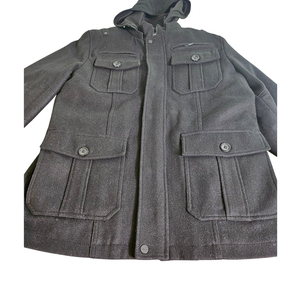 Guess Military Hooded Coat Mens Medium Black Quilted Lined Wool Blend Jacket